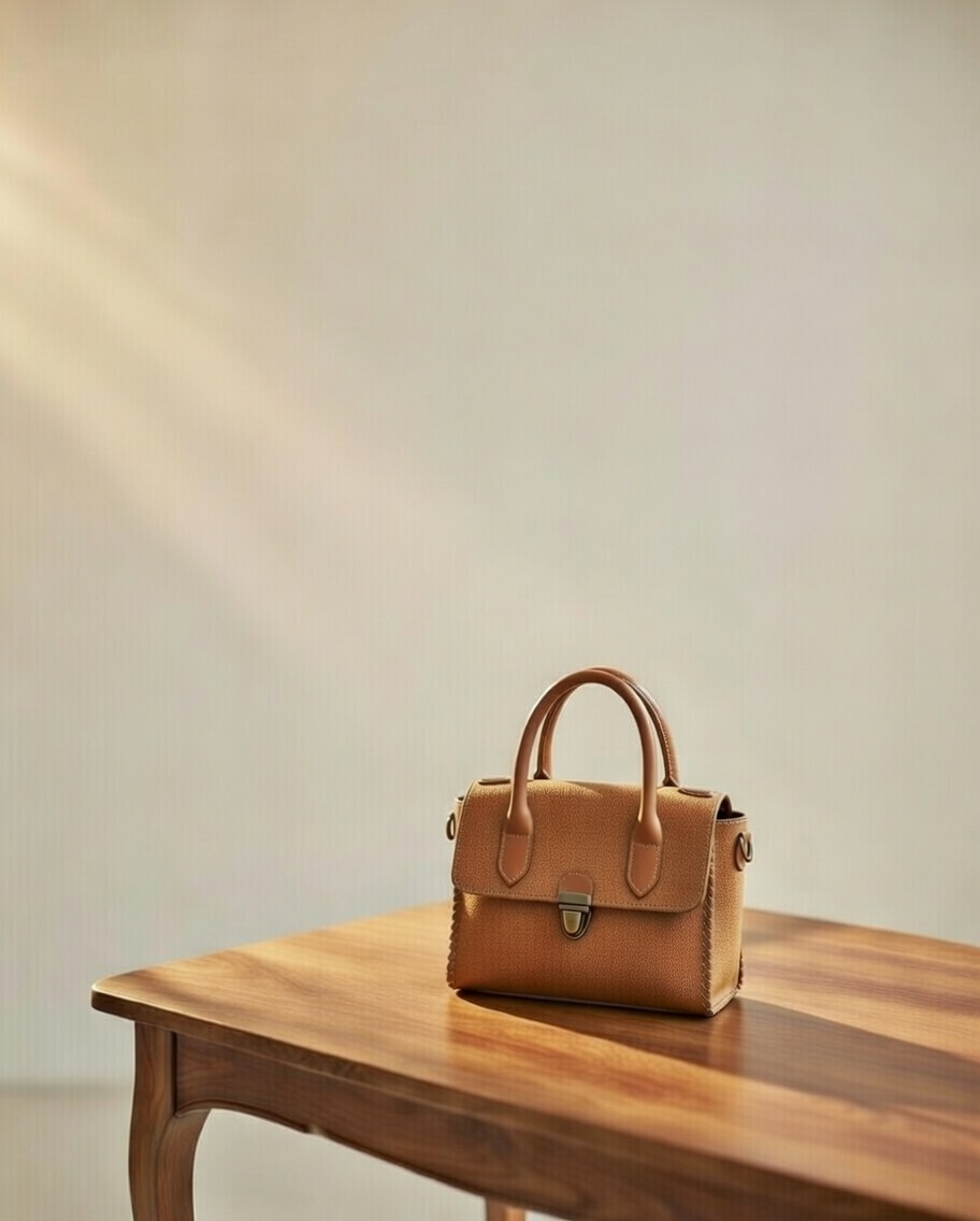 Sac a main en daim sur une table en bois